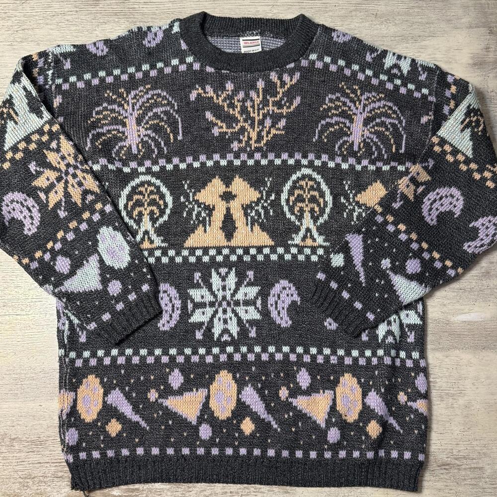 Vintage Grey Purple Blue Whimsical Women’s Patterned Sweater M